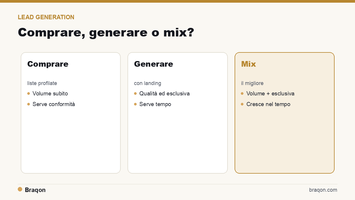 Comprare lead vs generarli con landing: confronto su costo, qualità, conformità