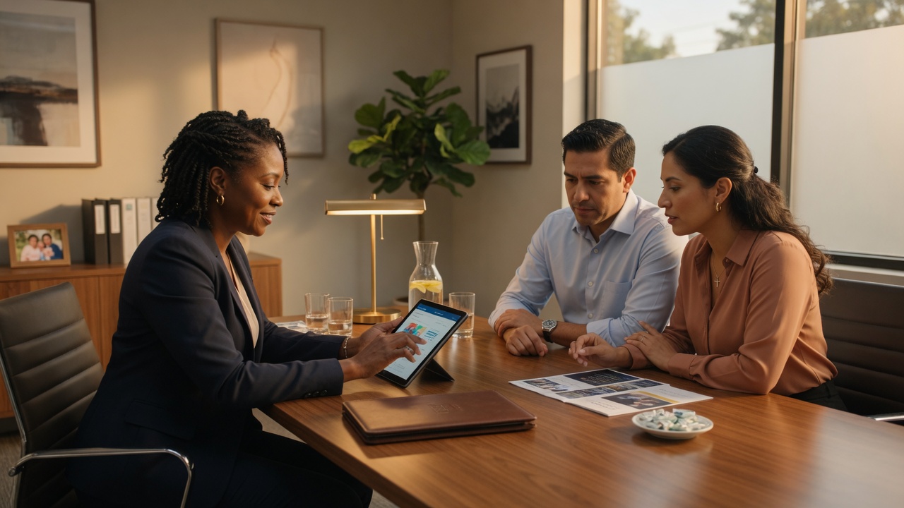Asesor de seguros con clientes
